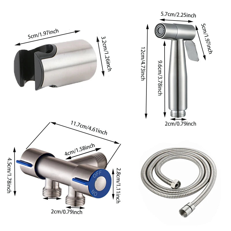 Bidet Sprayer Set 304 Stainless Steel Two Way Faucet With 1.5M Flexible Hose