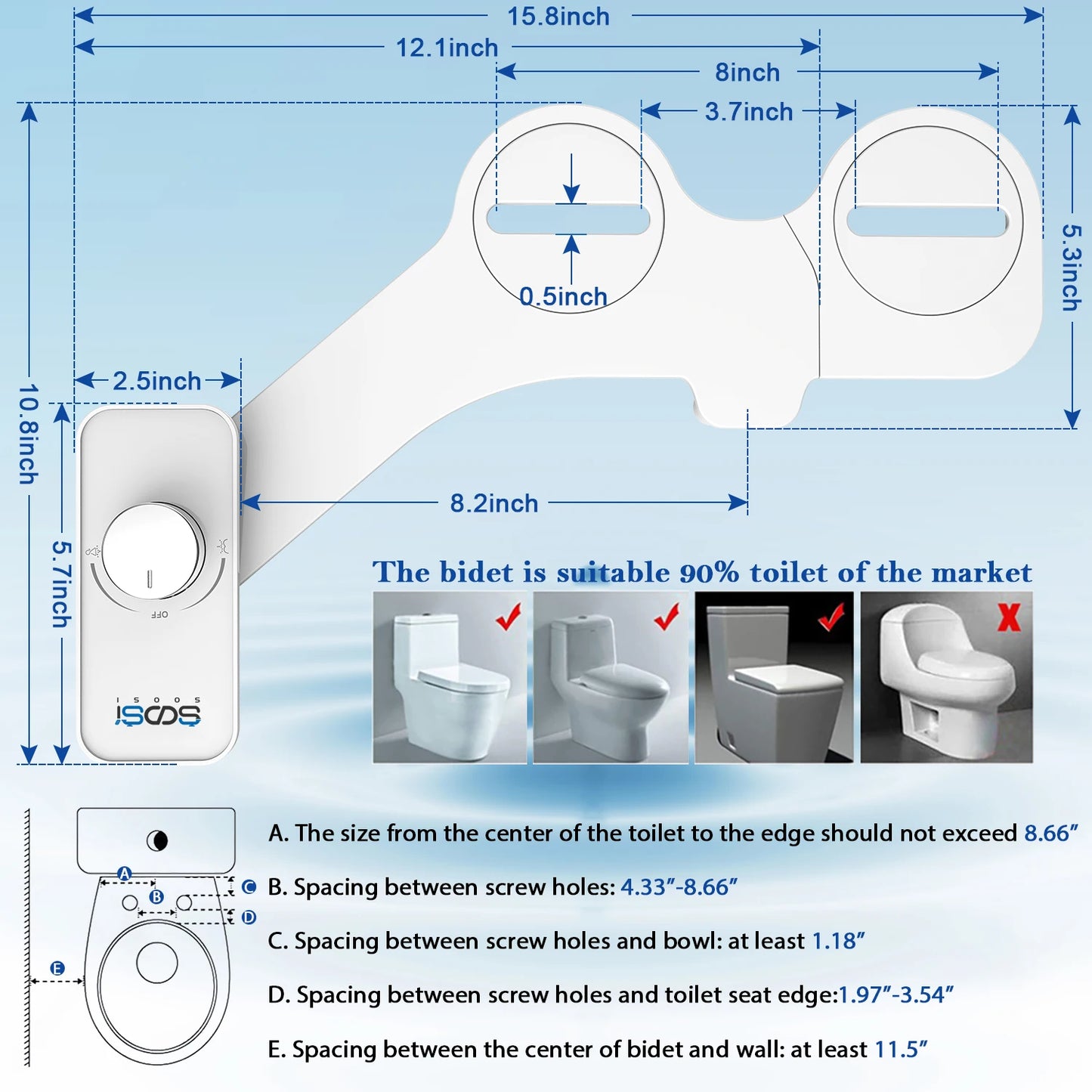 Non-Electric Bidet Toilet Seat Attachment with Pressure Controls, Retractable Self-Cleaning Dual Nozzles for Frontal & Rear Wash