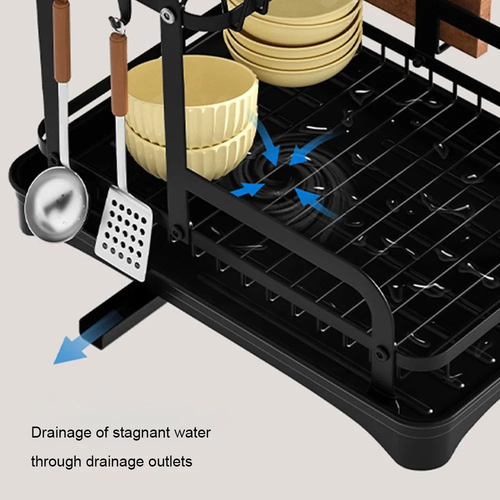 New 360° rotating storage rack double-layer kitchen tableware drying rack with drain