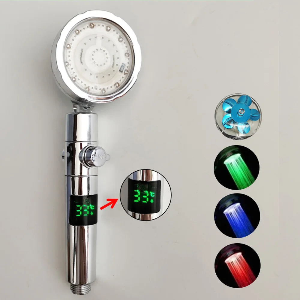 LED Digital Temperature Display Shower Head Temperature Control Colorful Fan Spray Nozzle