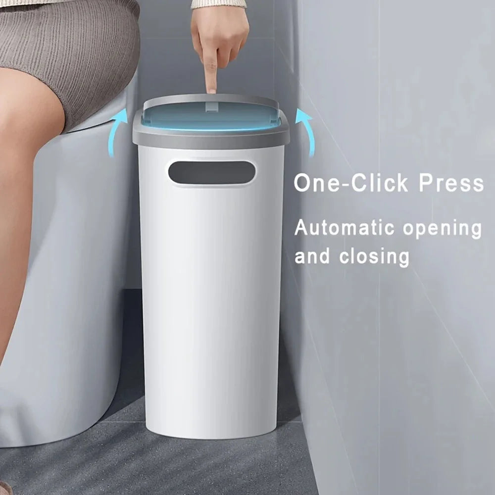 Plastic Trash Can with Lid Compact Press-Type Top Space-Saving Design for Bathroom Kitchen Living Room