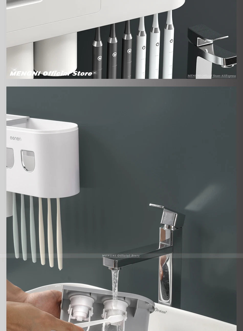 MENGNI-Magnetic Adsorption Inverted Toothbrush Holder Wall -Automatic Toothpaste Squeezer Storage Rack