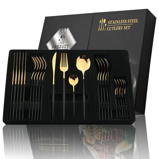 24Pcs Black Handle Golden Cutlery Set Stainless Steel Knife Fork Spoon Tableware Flatware Set