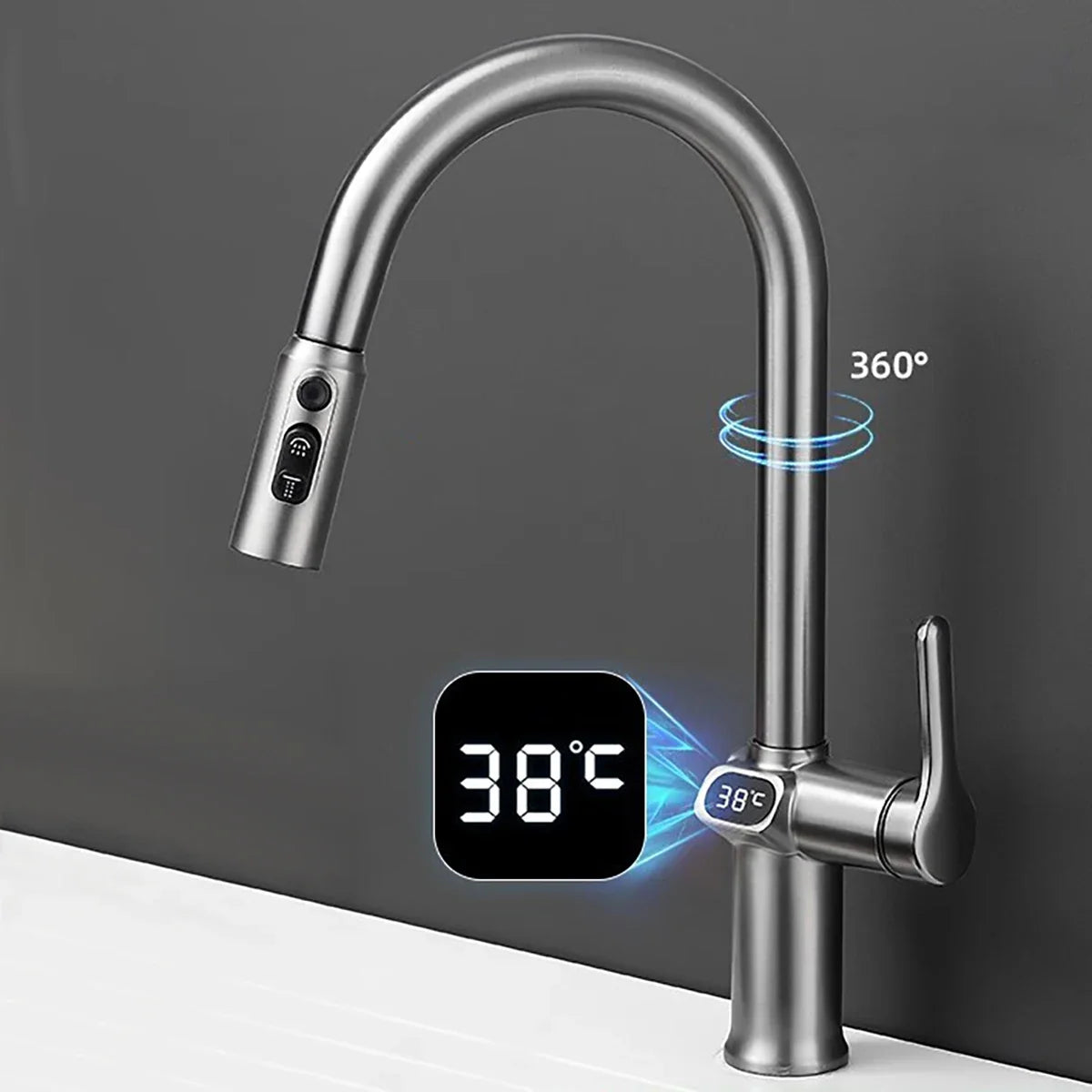 Kitchen Faucet Temperature, Pull Out Kitchen Sink Faucet Digital Display Function Rotatable