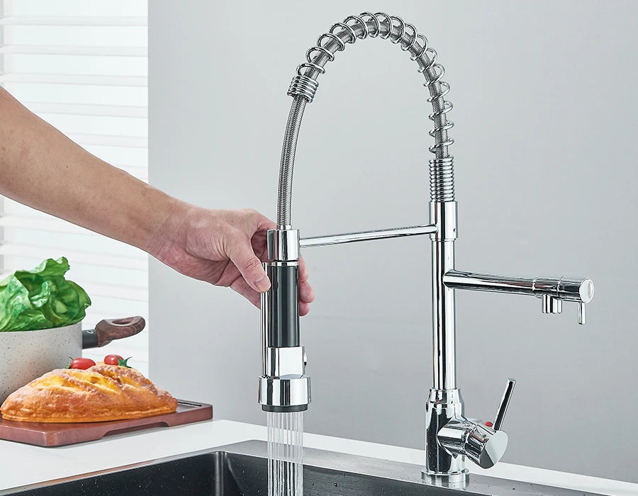 Pull Down Spring Kitchen Faucet Single Lever Hot Cold Mixer