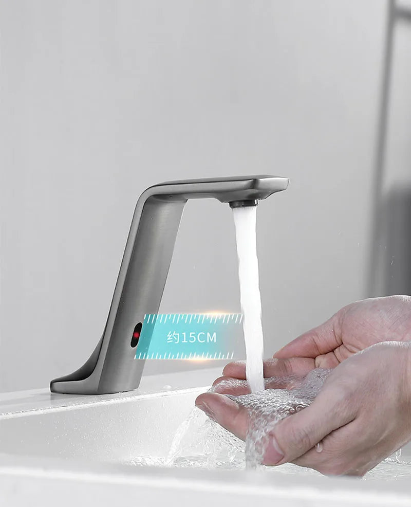 Gun Gray Brass Automatic Touchless Bathroom Basin Faucet Smart Infrared Motion Sensor Single Cold Hand Washing Basin Tap l