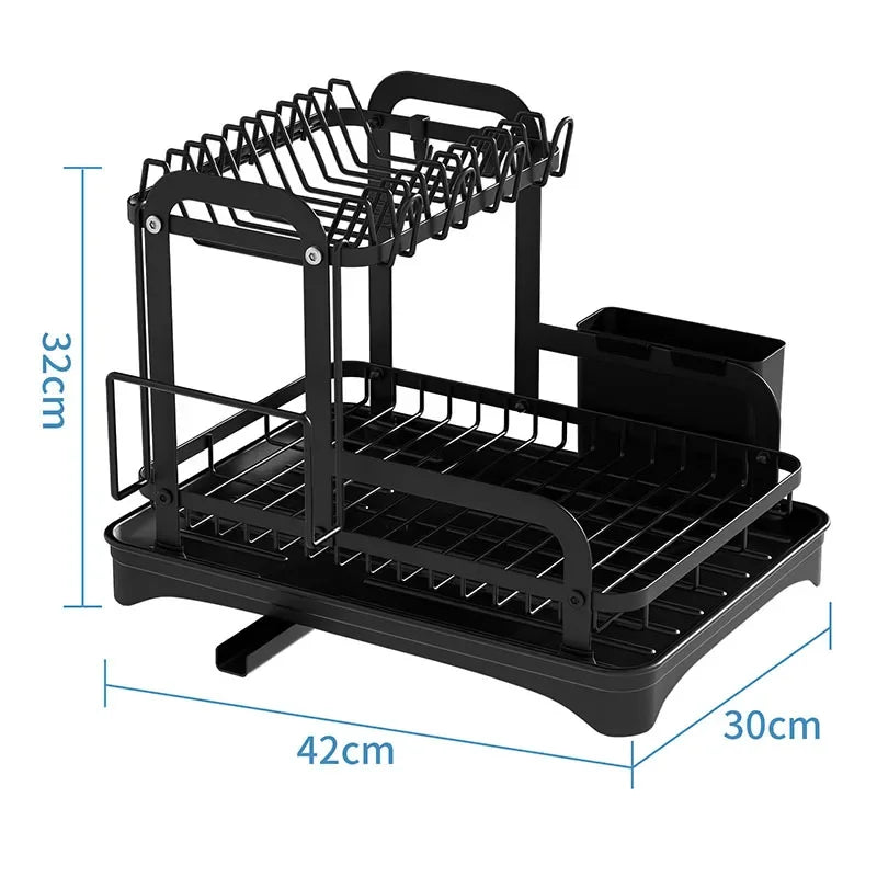 New 360° rotating storage rack double-layer kitchen tableware drying rack with drain