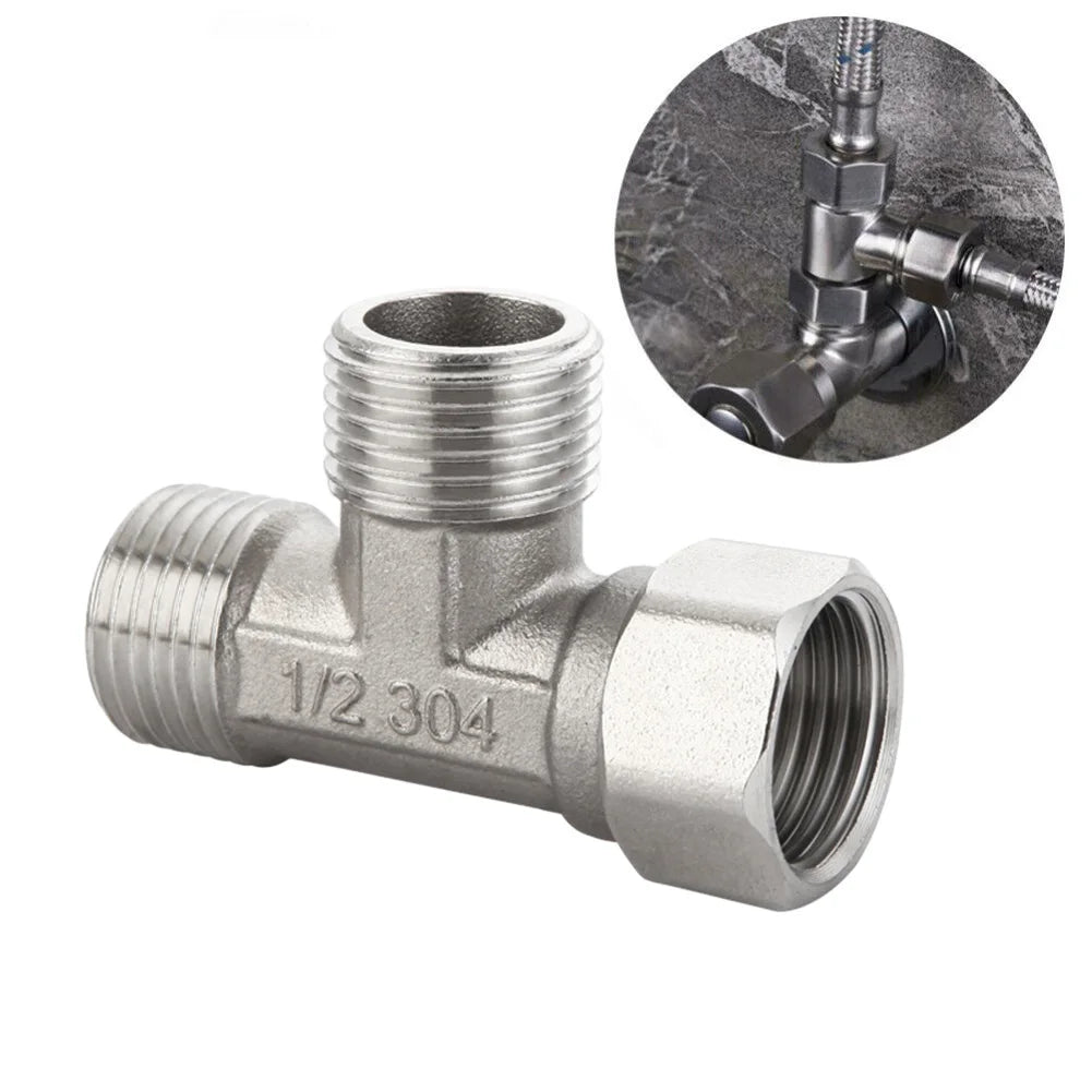 Stainless Steel T Adapter G1/ 2" T-Valve Diverter Valve Three Way Device Hole For Bath Bidet Sprayer Shower