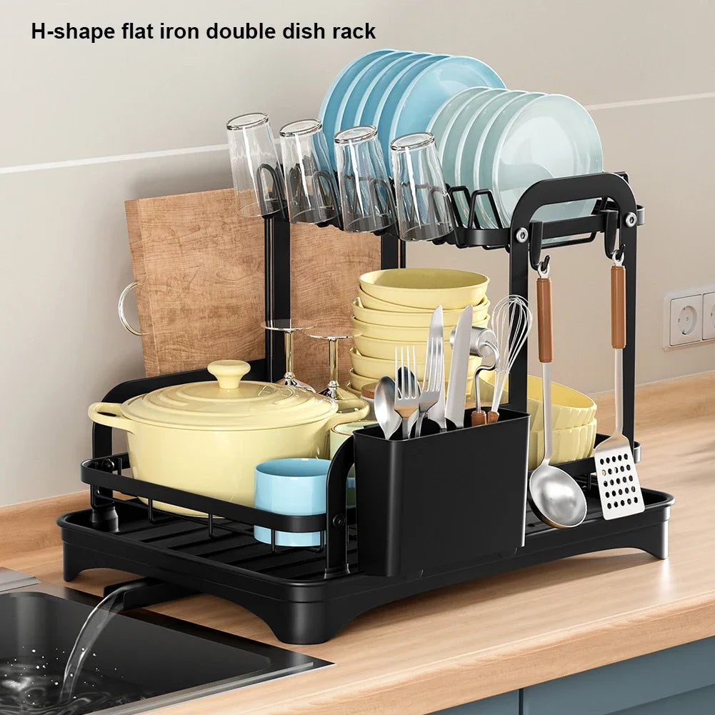 New 360° rotating storage rack double-layer kitchen tableware drying rack with drain