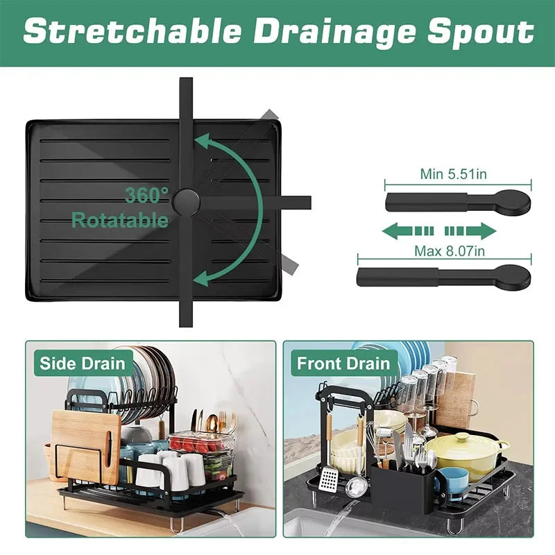 New 360° rotating storage rack double-layer kitchen tableware drying rack with drain