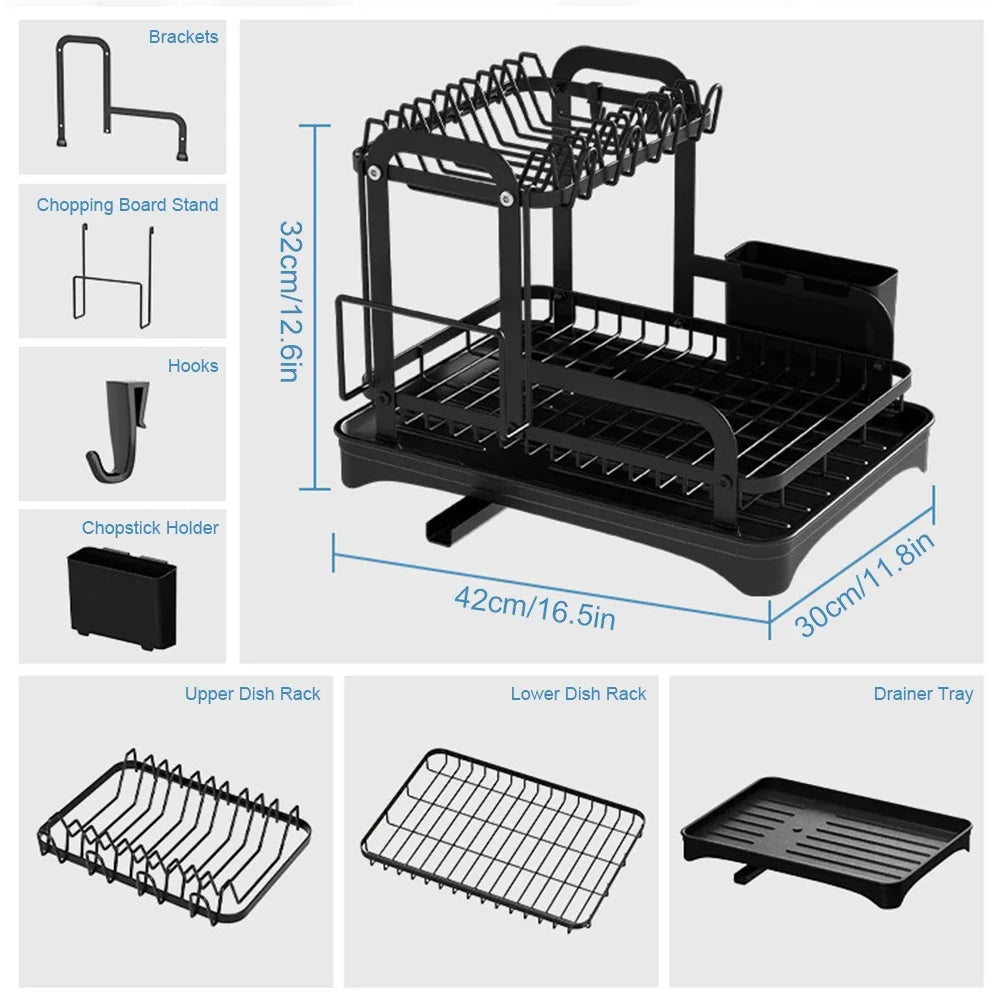 New 360° rotating storage rack double-layer kitchen tableware drying rack with drain