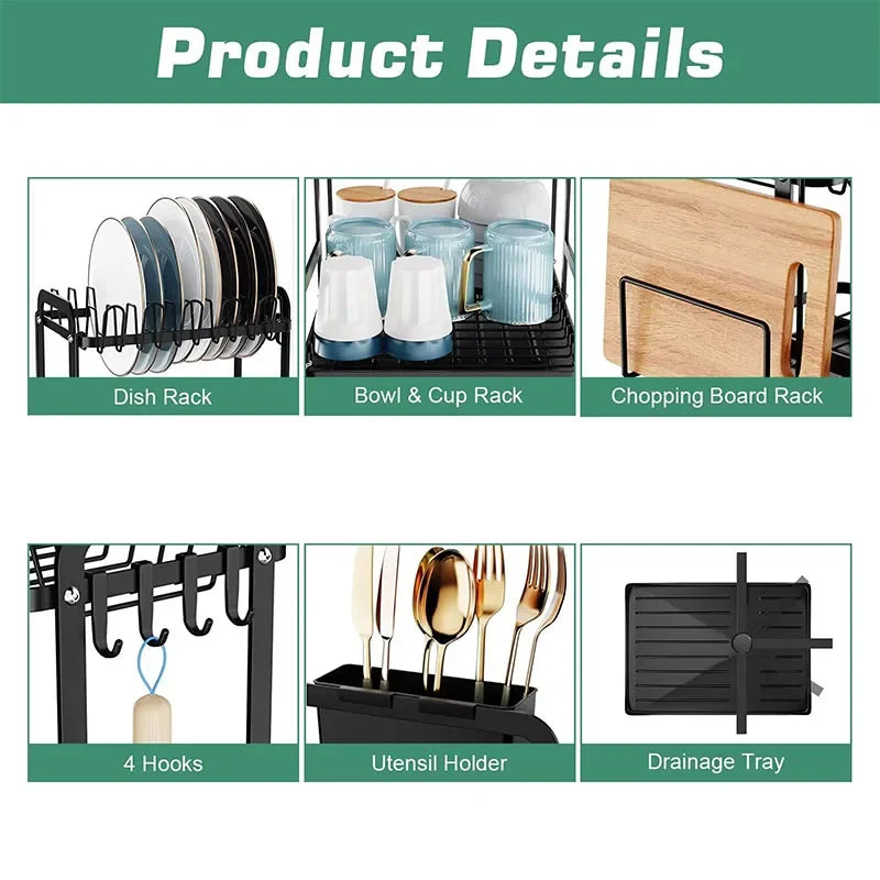 New 360° rotating storage rack double-layer kitchen tableware drying rack with drain