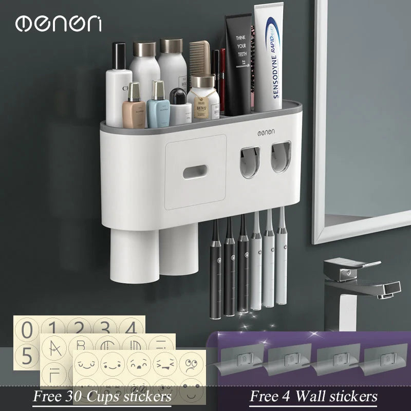 MENGNI-Magnetic Adsorption Inverted Toothbrush Holder Wall -Automatic Toothpaste Squeezer Storage Rack