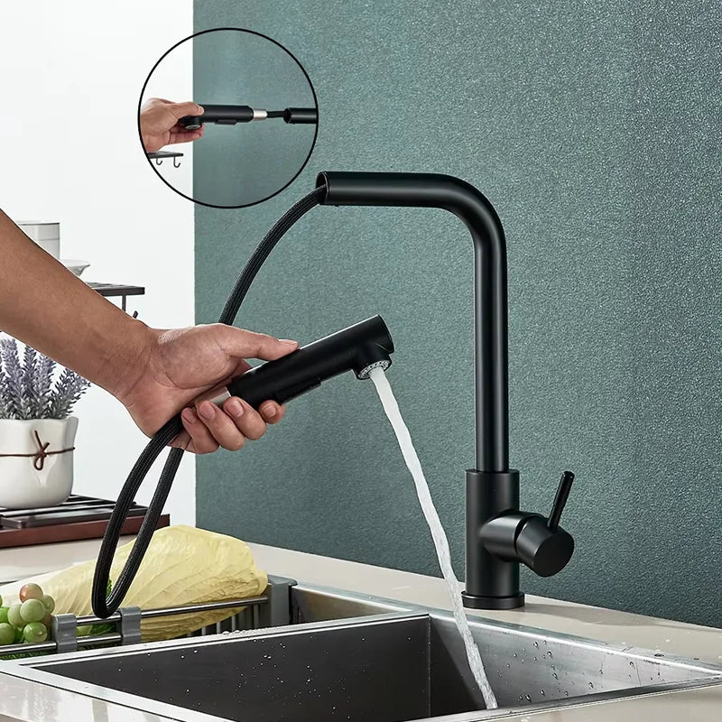 Black silver pull-out rotary kitchen faucet stainless steel hot and cold dual mode