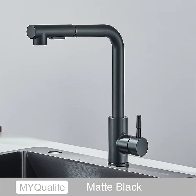 Black silver pull-out rotary kitchen faucet stainless steel hot and cold dual mode
