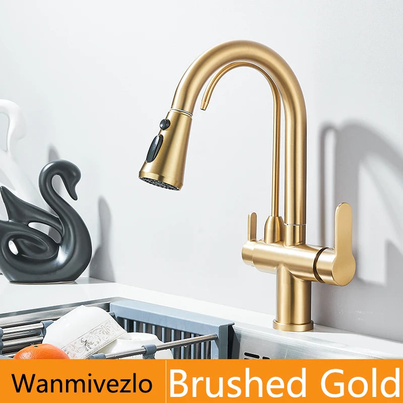 Gold Purify Water Kitchen Faucet Deck Mounted Dual Handle Faucet