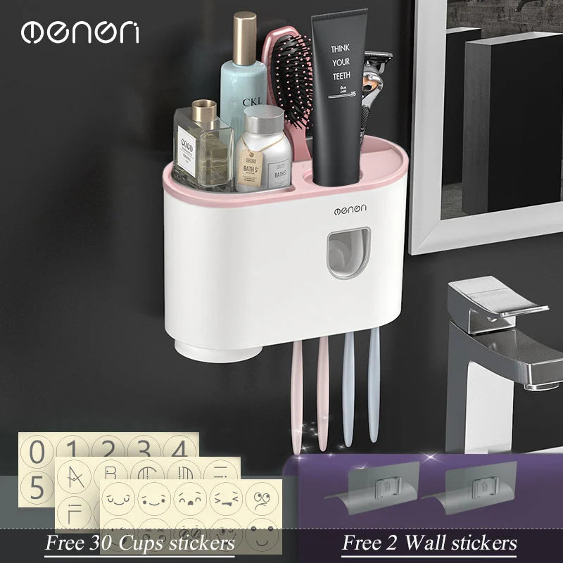 MENGNI-Magnetic Adsorption Inverted Toothbrush Holder Wall -Automatic Toothpaste Squeezer Storage Rack