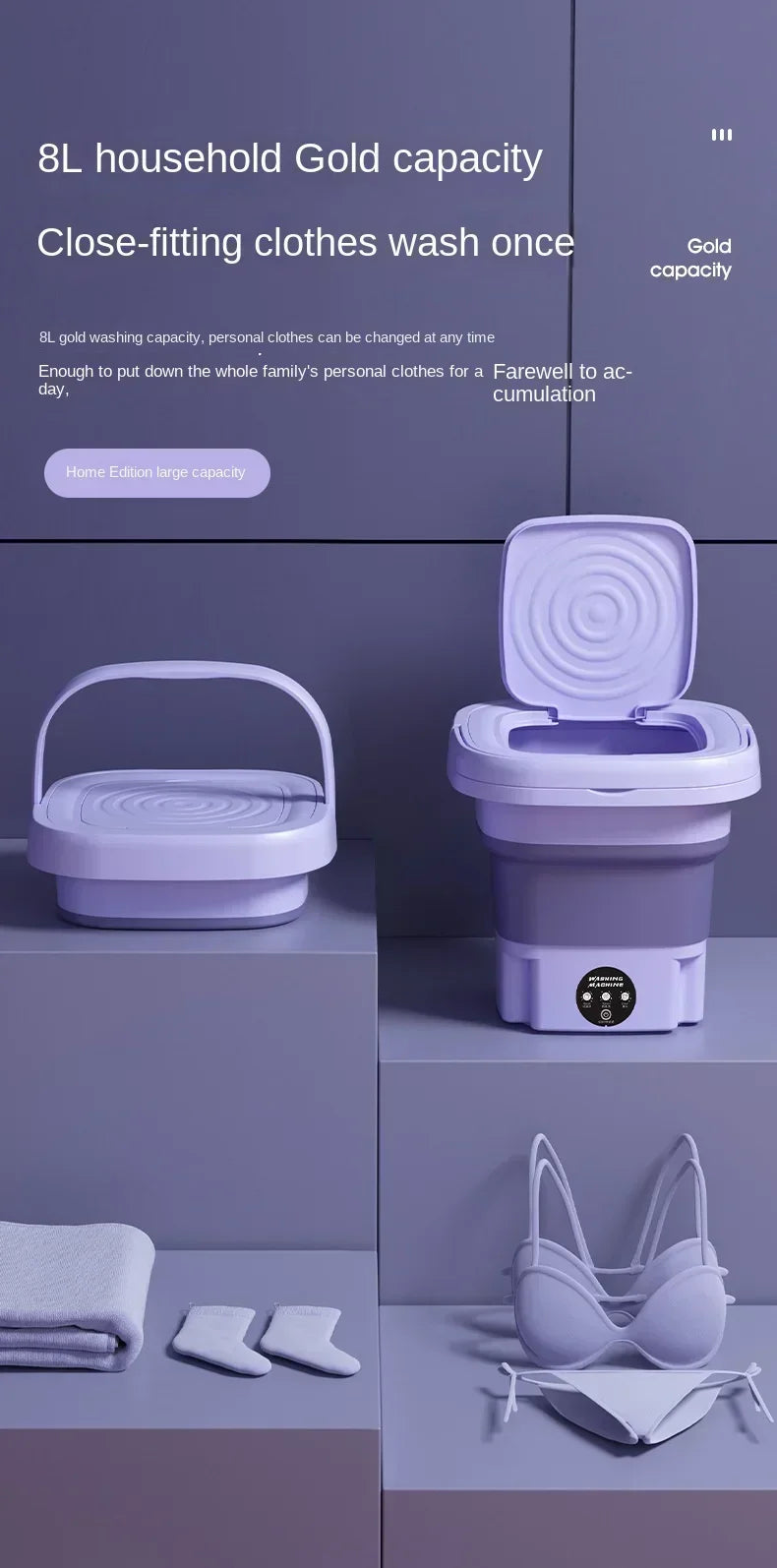 8L Portable Folding Washing Machine Bucket for ,Small Travel Washing Machine