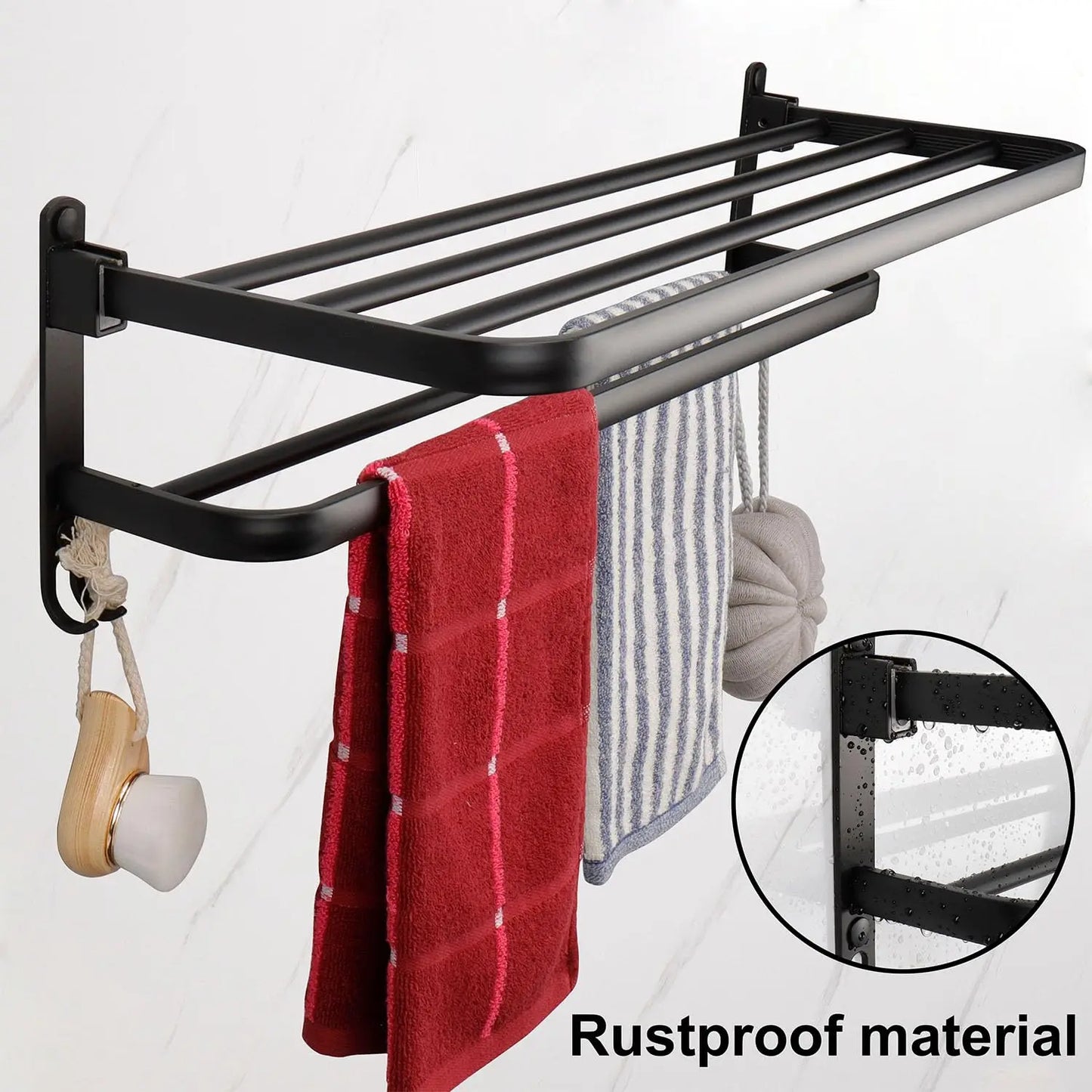 50CM Matte Black Folding Holder With Hook ,Towel Holder, Wall Mount Aluminum Towel Rack