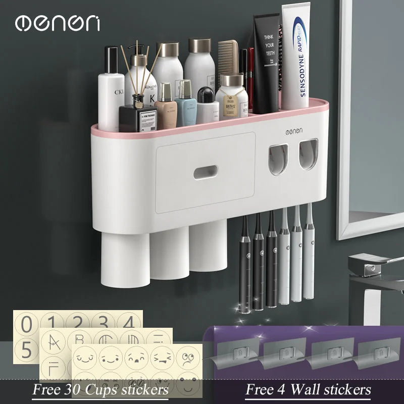 MENGNI-Magnetic Adsorption Inverted Toothbrush Holder Wall -Automatic Toothpaste Squeezer Storage Rack