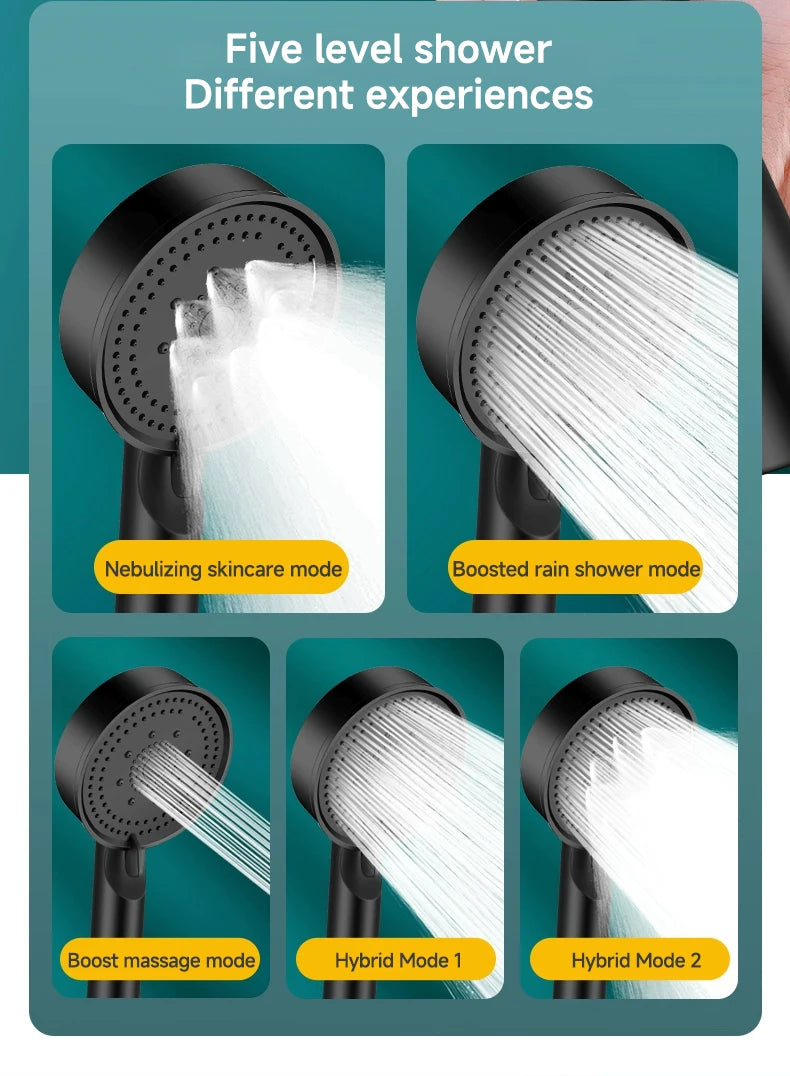 5 Modes Pressure Boost Shower Head Multifunction Adjustable Large Water Shower