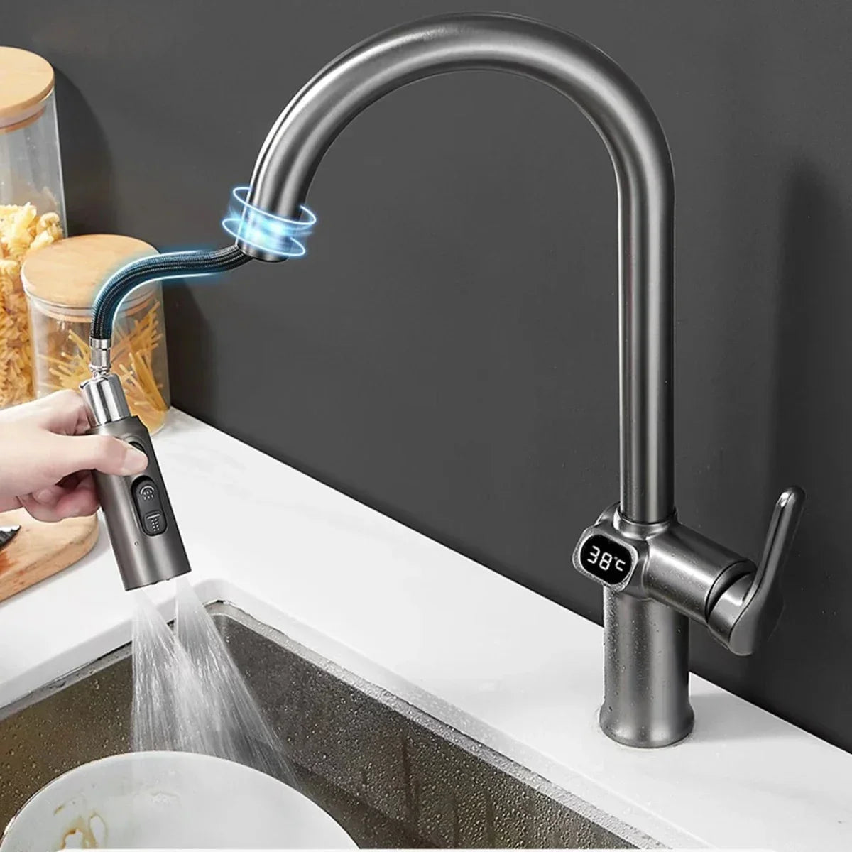 Kitchen Faucet Temperature, Pull Out Kitchen Sink Faucet Digital Display Function Rotatable