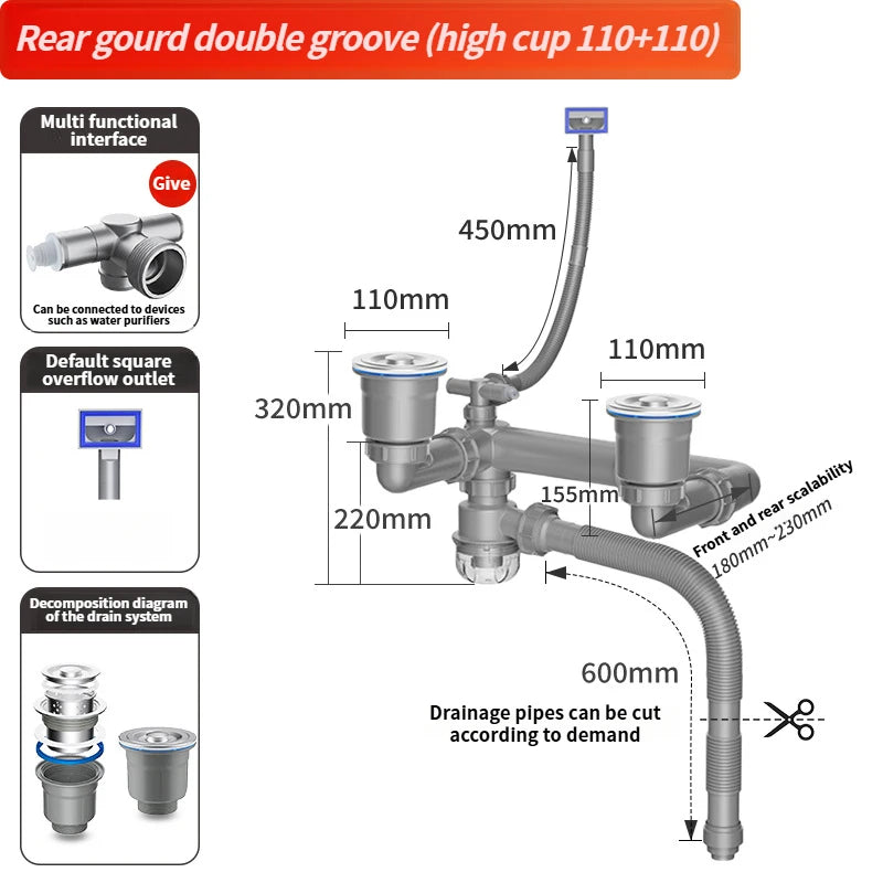 Kitchen Sink Sewer Odorous Drainage Pipe, Double Sink Drainage Pipe Set