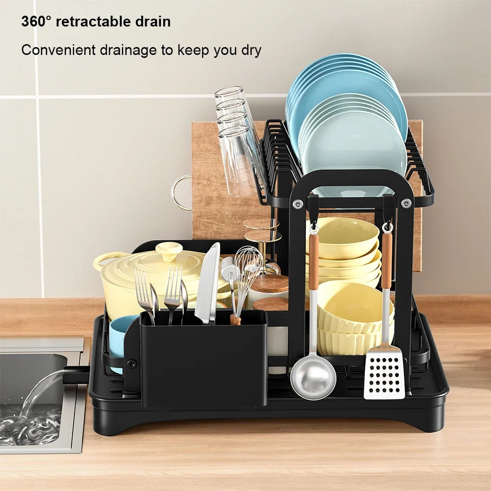 New 360° rotating storage rack double-layer kitchen tableware drying rack with drain