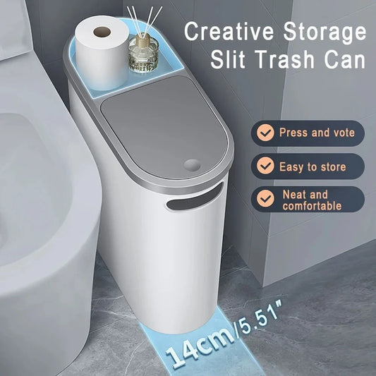 Plastic Trash Can with Lid Compact Press-Type Top Space-Saving Design for Bathroom Kitchen Living Room