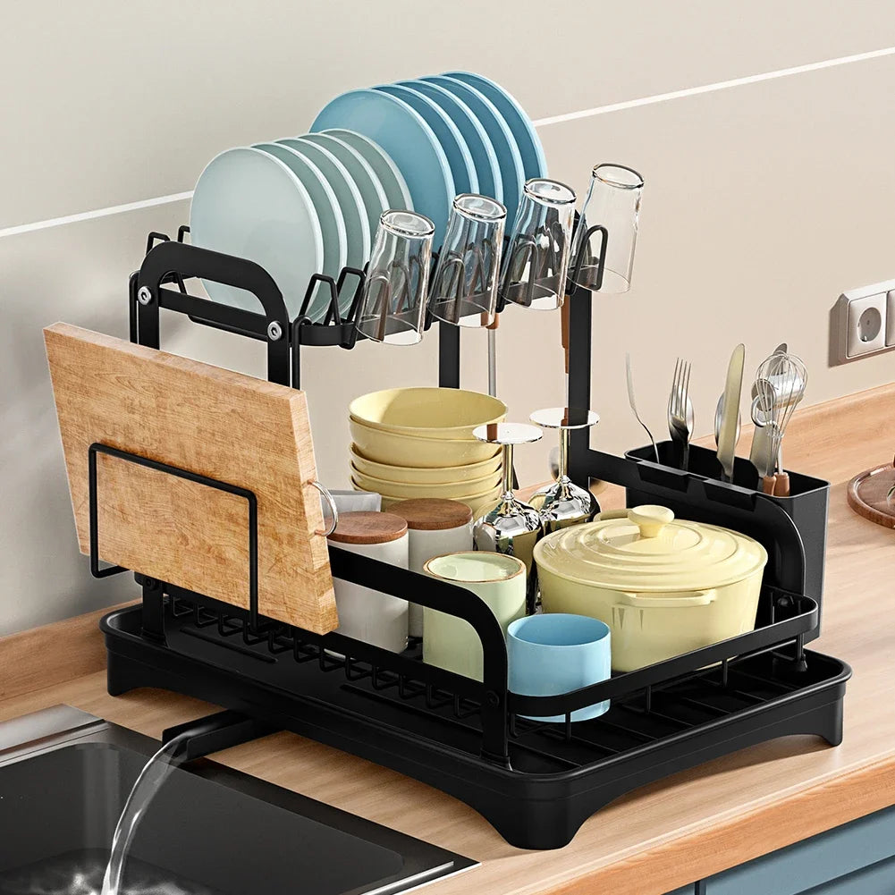 New 360° rotating storage rack double-layer kitchen tableware drying rack with drain