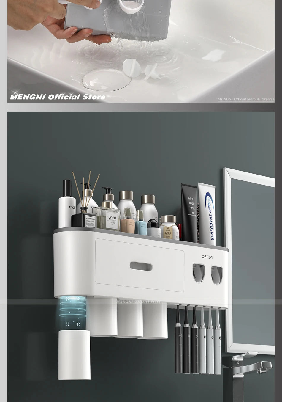 MENGNI-Magnetic Adsorption Inverted Toothbrush Holder Wall -Automatic Toothpaste Squeezer Storage Rack