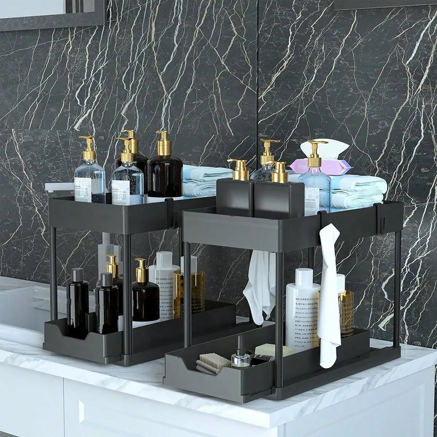 Under Sink Organizer, 2 Tier Bathroom Cabinet Organizer with Sliding Basket, Multi-Purpose Under Sink Organizers and Storage