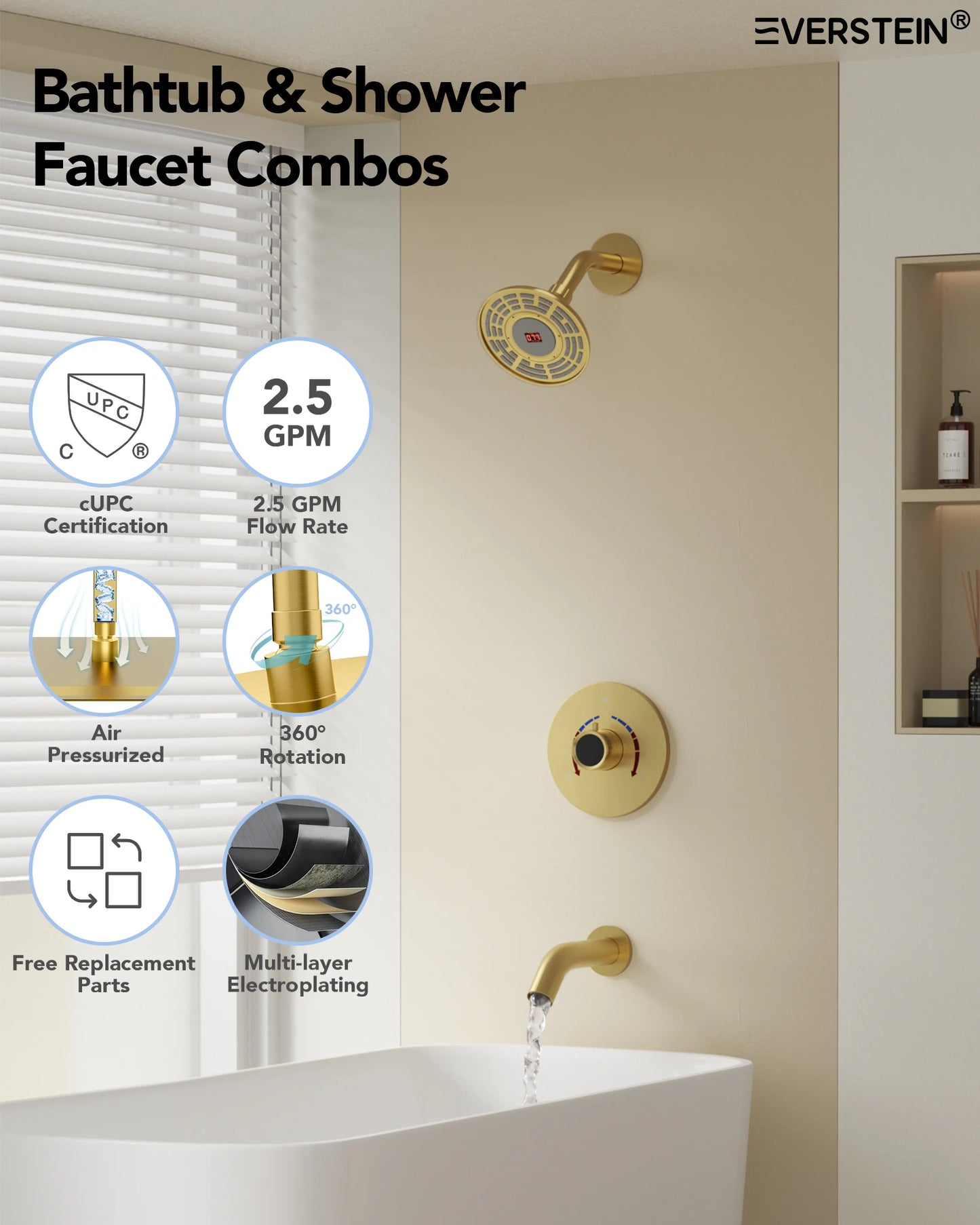 EVERSTEIN LED Light Shower Head System Shower Faucet Set with Brass Balanced Valve Wall Mount Tub Faucet