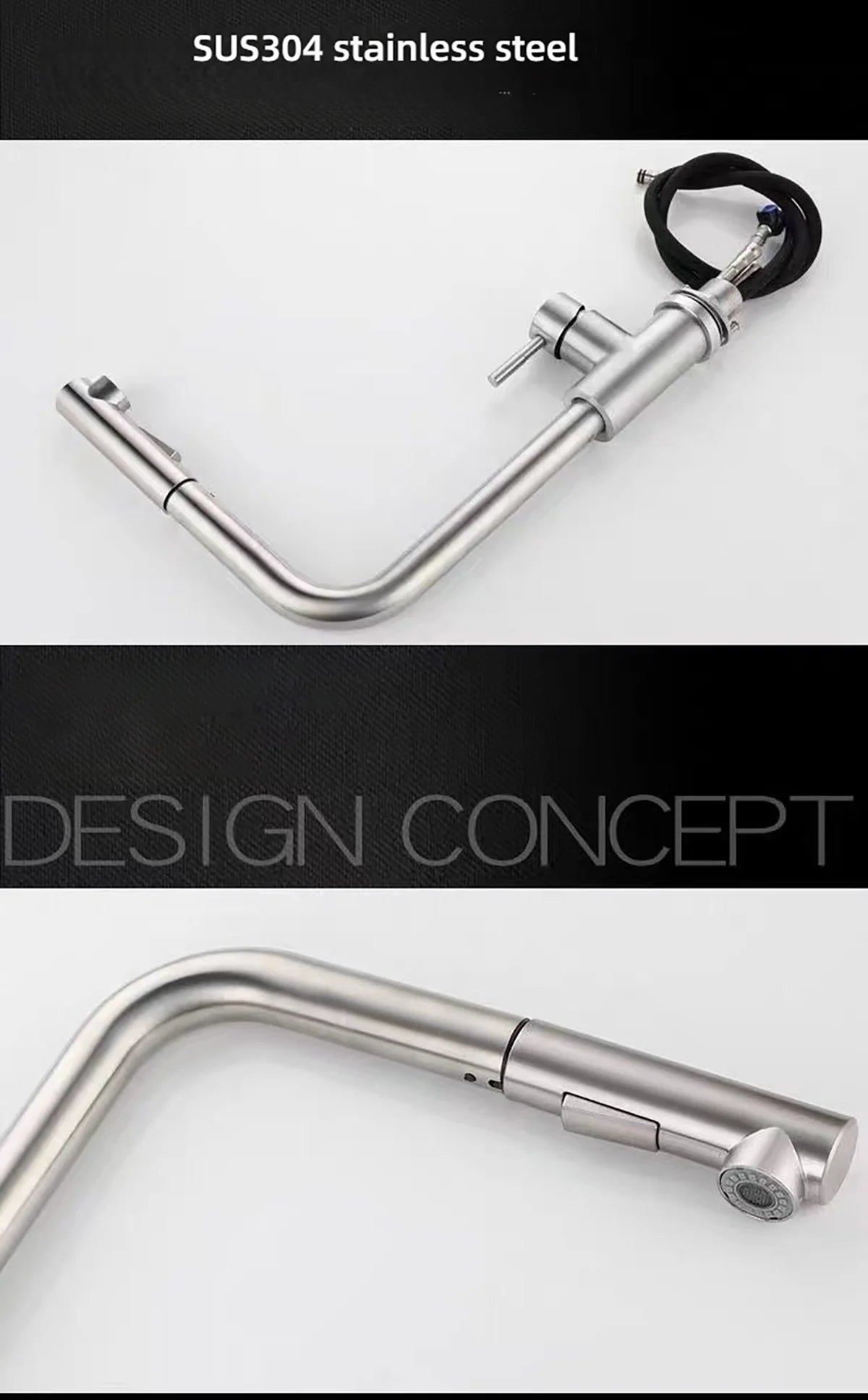 Black silver pull-out rotary kitchen faucet stainless steel hot and cold dual mode