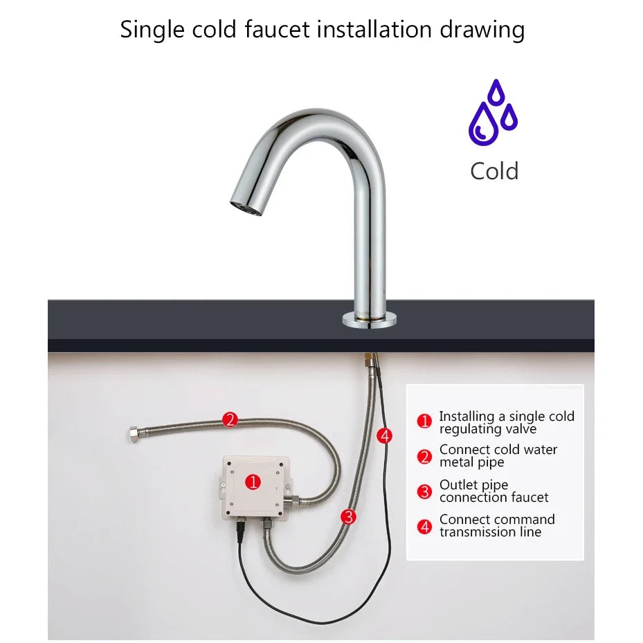 Matte Black Sensor Basin Faucet Single Cold Water Sink Tap Deck Mount Bathroom Automatic Sense Mixer Battery Powered