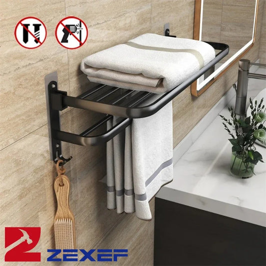 ZEXEF 1/2 Layer Bathroom and Shower Accessories for Bath Towel Rack Organizer Black Drilling Movable