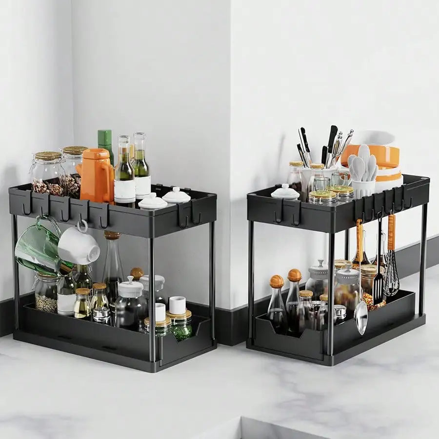 Under Sink Organizer, 2 Tier Bathroom Cabinet Organizer with Sliding Basket, Multi-Purpose Under Sink Organizers and Storage