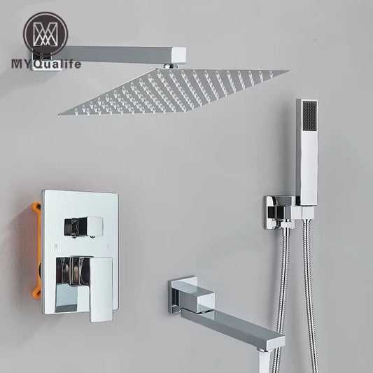 Chrome Bathroom Shower Faucet Set 2/3 Way Rainfall Mixed Brass Diverter Mixer Tap 8-16" Head Wall Mounted Embedded Box Control