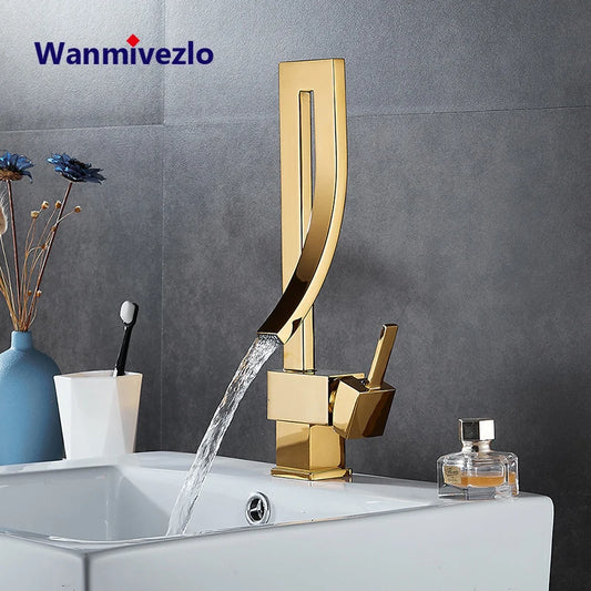 Bathroom Basin Faucet Brass Deck Mounted Waterfall Mixer Taps Single Handle Hot Cold Water Mixer Tap