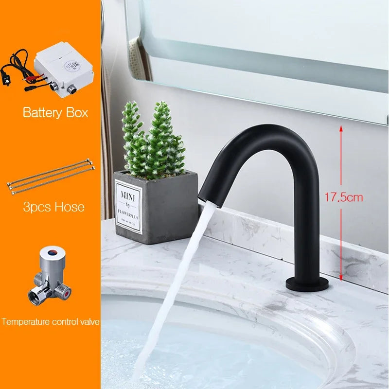 Matte Black Sensor Basin Faucet Single Cold Water Sink Tap Deck Mount Bathroom Automatic Sense Mixer Battery Powered