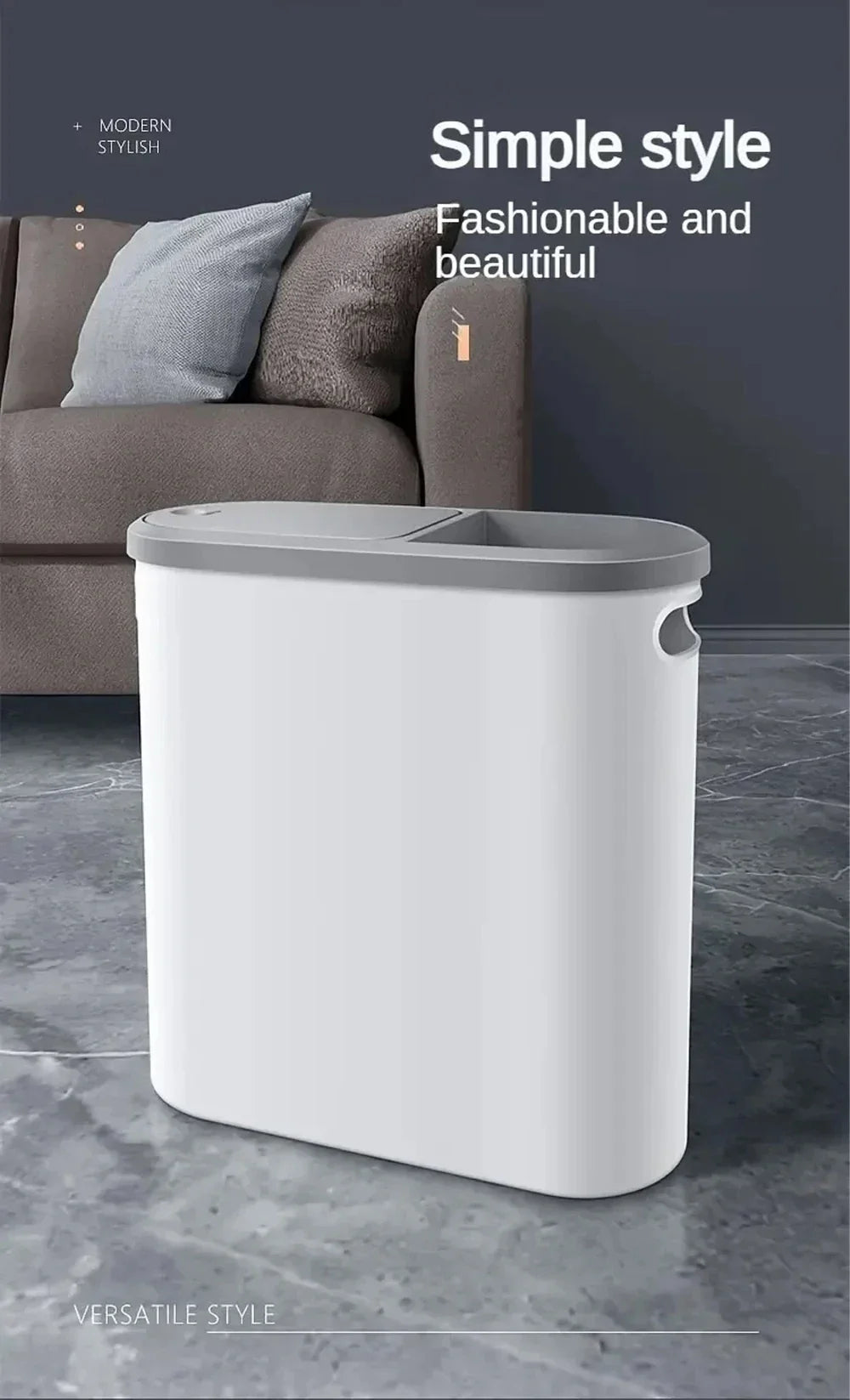Plastic Trash Can with Lid Compact Press-Type Top Space-Saving Design for Bathroom Kitchen Living Room
