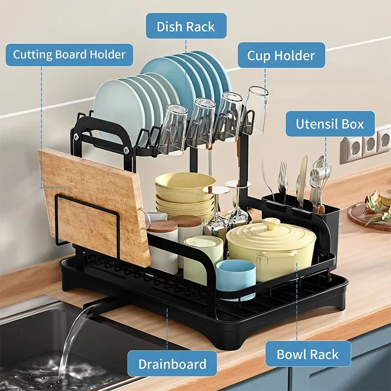 New 360° rotating storage rack double-layer kitchen tableware drying rack with drain
