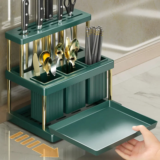Kitchen Knife Holder Multi-Function Cutter and Cutlery Drainer Rack PP Space Saving Kitchen Utensil Organizer Rack