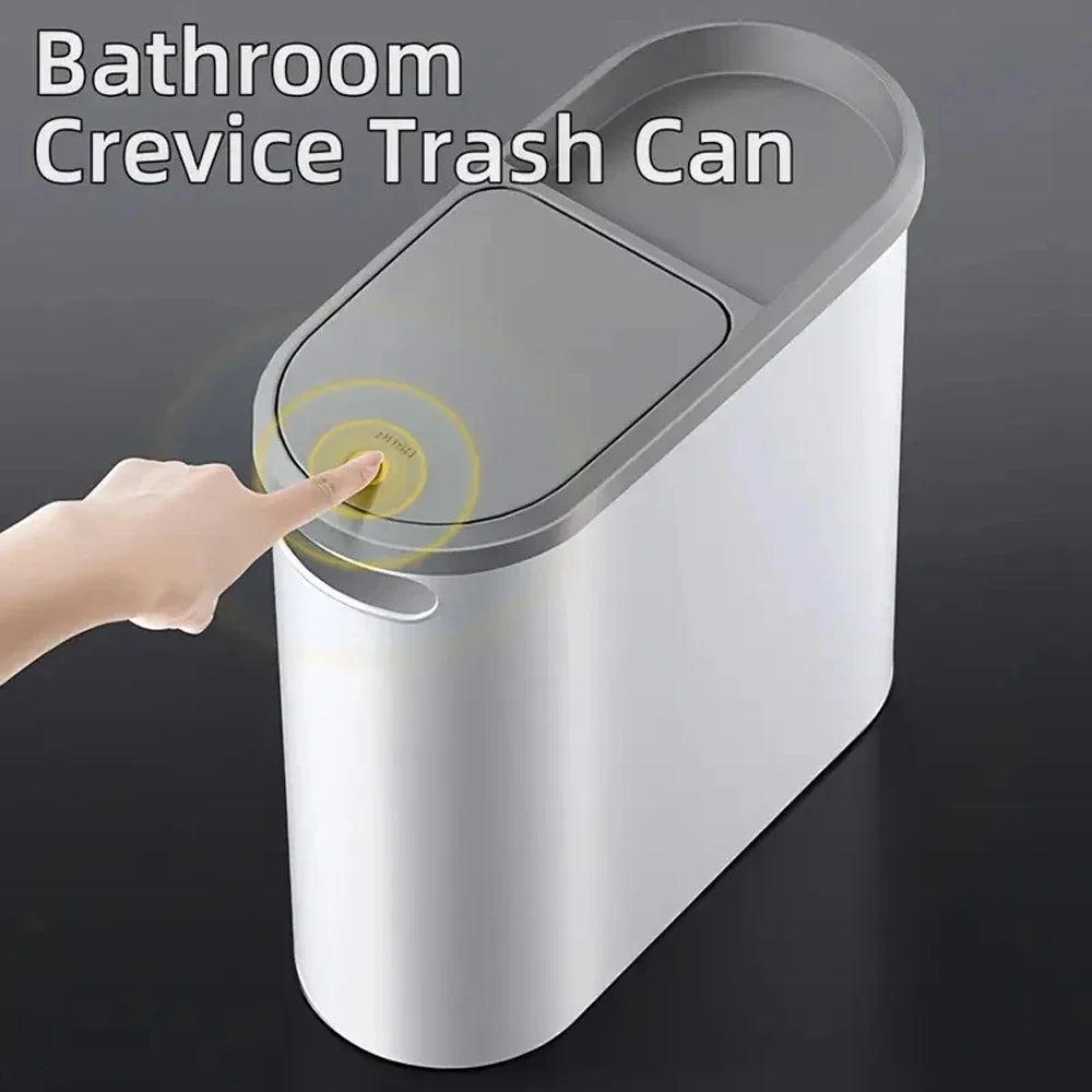 Plastic Trash Can with Lid Compact Press-Type Top Space-Saving Design for Bathroom Kitchen Living Room