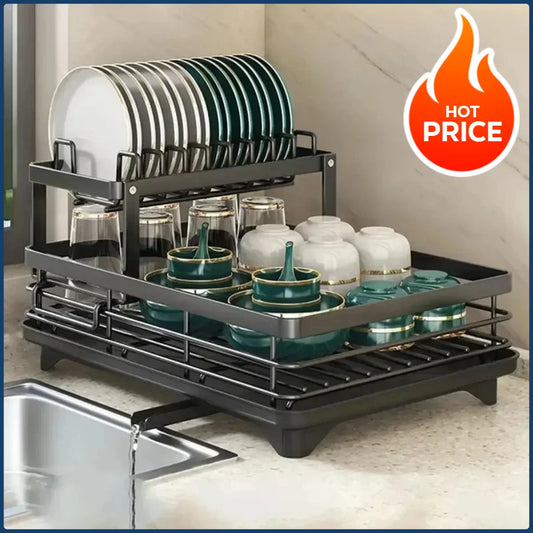 Bowl Rack - 2 Tier Dish Drainer Storage Adjustable Space Saving Kitchen Utensil Organizer for Plates Cups Cutlery