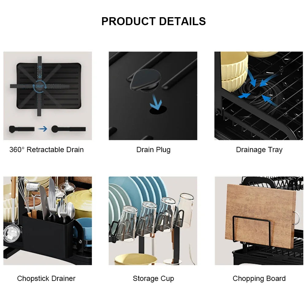 New 360° rotating storage rack double-layer kitchen tableware drying rack with drain