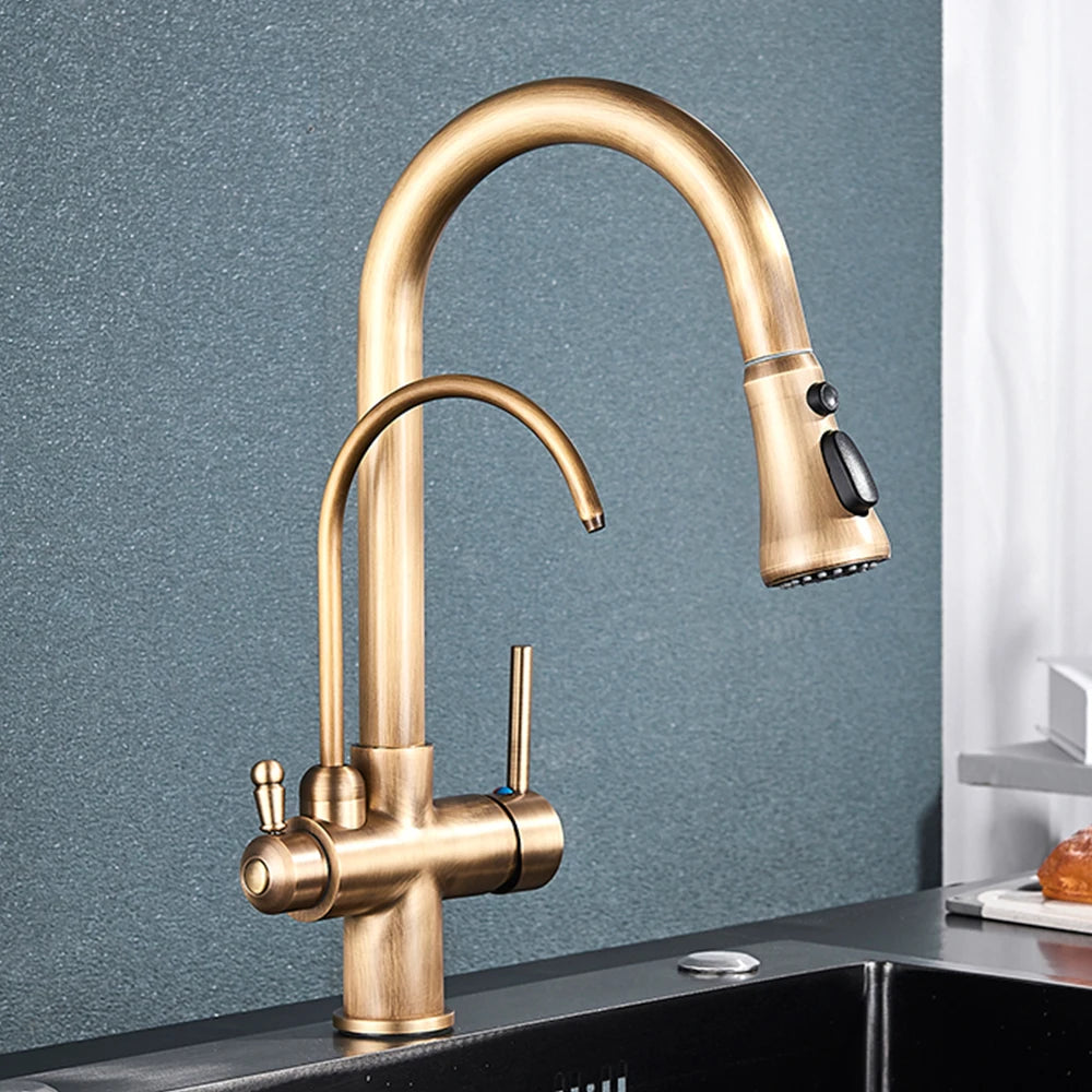Gold Purify Water Kitchen Faucet Deck Mounted Dual Handle Faucet