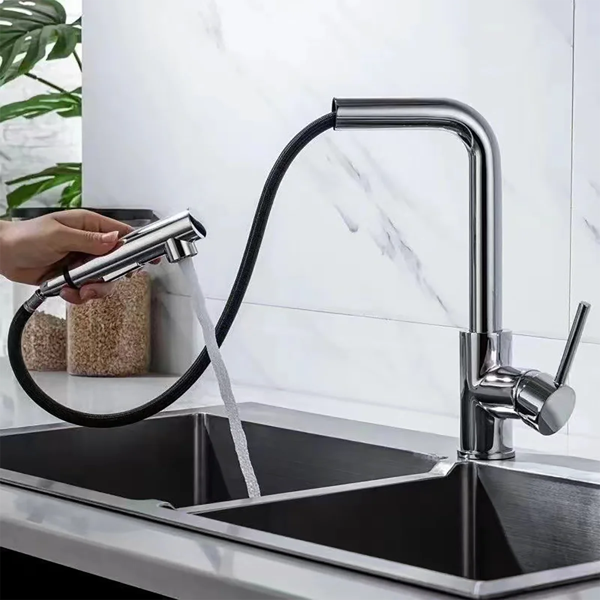 Black silver pull-out rotary kitchen faucet stainless steel hot and cold dual mode