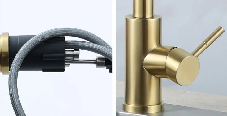 Stainless Steel Hot Cold Water Faucet Gold Pull-out Sprayer Single Handle