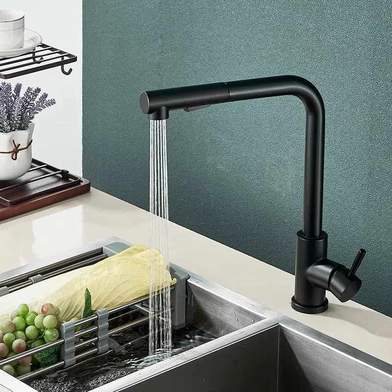 Black silver pull-out rotary kitchen faucet stainless steel hot and cold dual mode